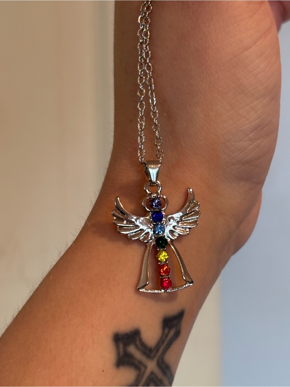 Silver Plated Angel Pendant Necklace with Multicolor/Chakra Rainbow Stones